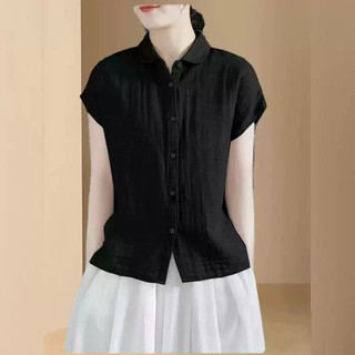 Áo sơ mi nữ dáng rộng, ngắn tay, chất liệu vải lanh cotton