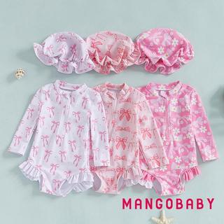 MG-Girls Rash Guard Đồ bơi Áo liền quần dài tay cổ chữ O In nơ Bộ đồ tắm đi biển Áo liền quần có mũ