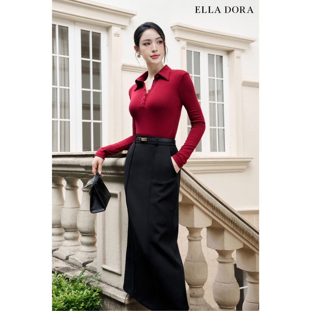 Áo thun polo ELLA DORA thiết kế tay dài cổ bẻ phối nhiều cúc form gọn thanh lịch 2 màu ĐEN/ĐỎ [AT41]