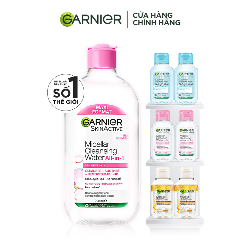[MUA1 ĐƯỢC7] Bộ 1L Nước Tẩy Trang làm sạch sâu dịu nhẹ cho mọi loại da- Garnier Micellar Cleansing Water(700ml + 50mlx6)