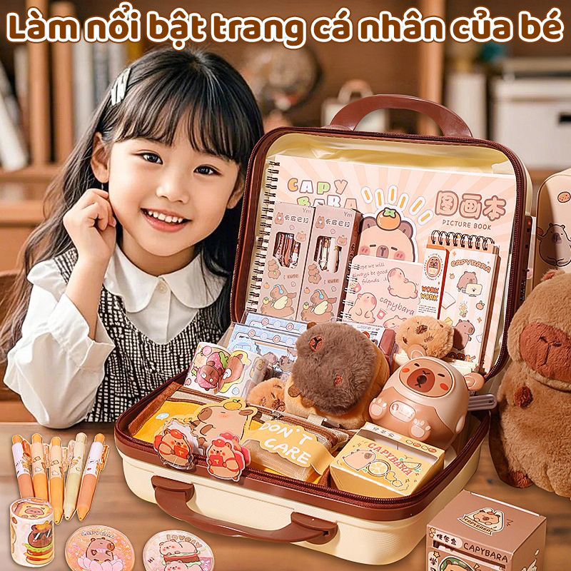 Hộp quà văn phòng phẩm độc đáo, bộ đồ dùng học tập và túi đựng bút với chú Capybara, quà 1/6 hoàn hảo cho học sinh cấp 1