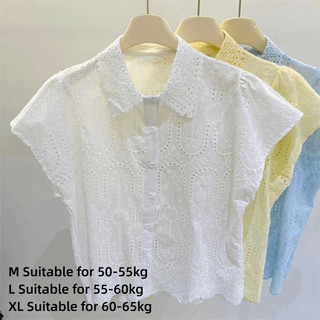 Áo cổ ren SMILE, Áo thun dáng rộng vừa vặn, Áo thun ngắn tay thêu rỗng đơn giản dành cho nữ