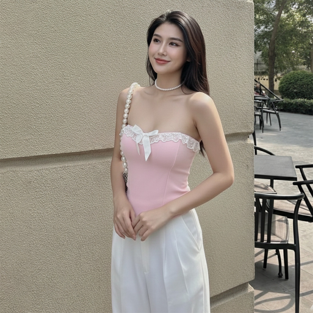Áo Ống Nữ Cúp Ngực Phối Viền Ren  Đính Nơ Xinh Xắn A5928