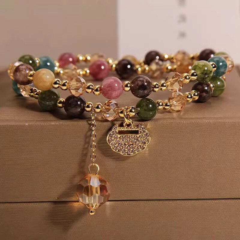 Mới Đôi Vòng Nhiều Màu Sắc Tourmaline Vòng Tay Nữ Ins Sang Trọng Tối Giản Tuổi Thọ Khóa Đính Hạt Vòng Tay Trang Sức
