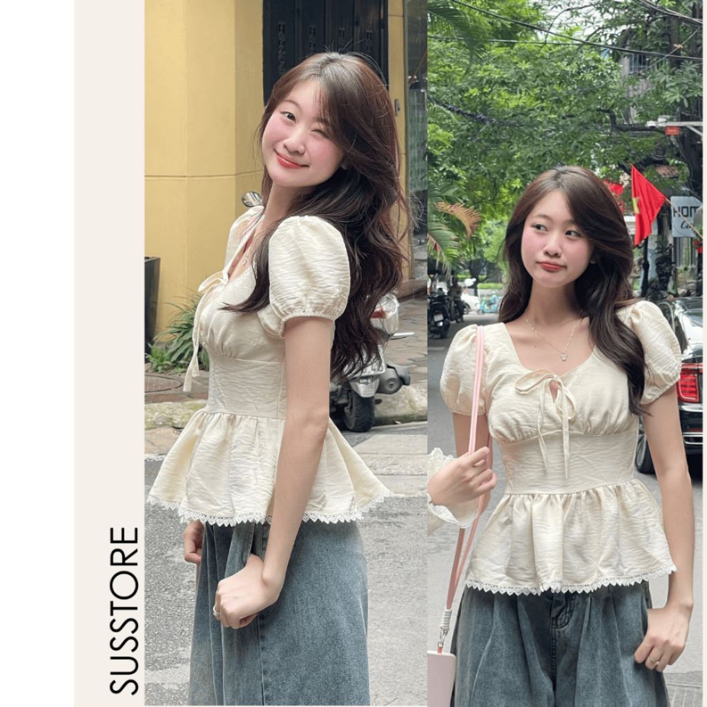 Áo Kiểu Nơ Buộc Bo Eo Tay Bồng Pha Ren A31177 Thời Trang Nữ Bigsize - Sam Botique