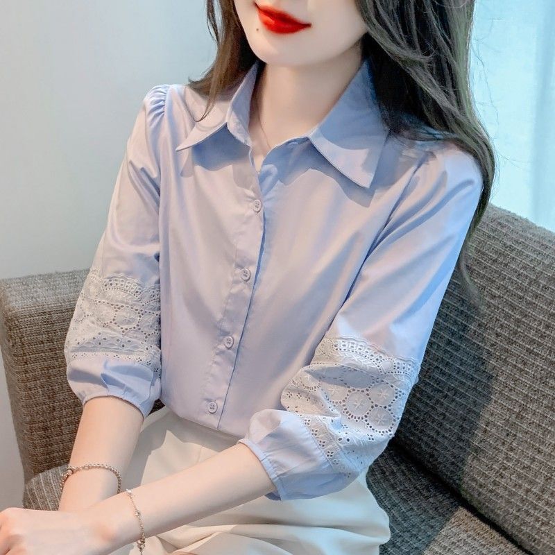 Áo sơ mi nữ cotton tay phồng, dáng rộng, che bụng, áo tay ba phần, phong cách thời trang.