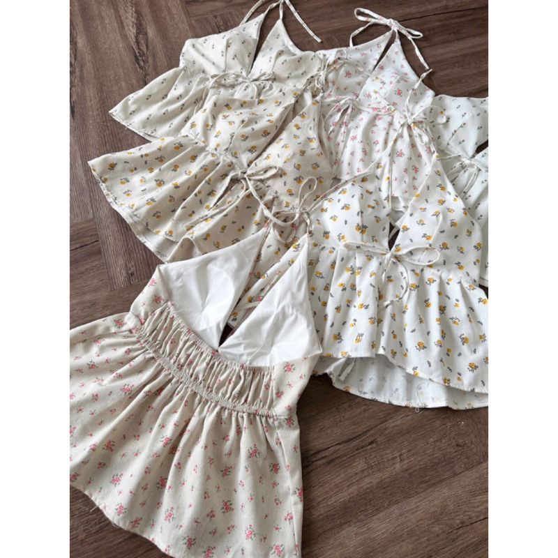 (CÓ ĐỆM) Áo Yếm Nữ Linen Hở Lưng Hoa Nhí Cột Dây đi biển mùa hè vintage m66005 - Sam Botique