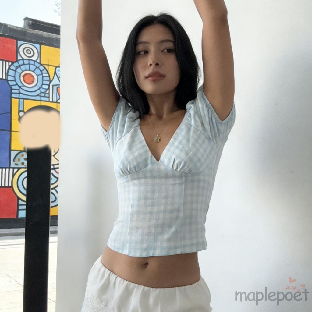Áo Thun MAPLEPOET Mùa Hè Puff Tay Ngắn Cổ Chữ V Sâu In Kẻ Sọc