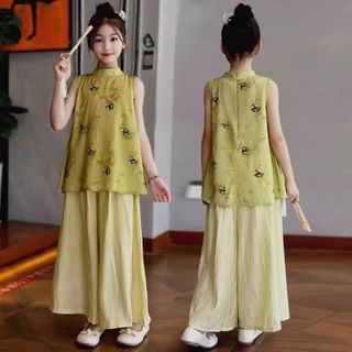 Bộ đồ cho bé gái dáng rộng thanh lịch - áo sát nách thêu hoa quần ống rộng mềm nhẹ phong cách cổ điển