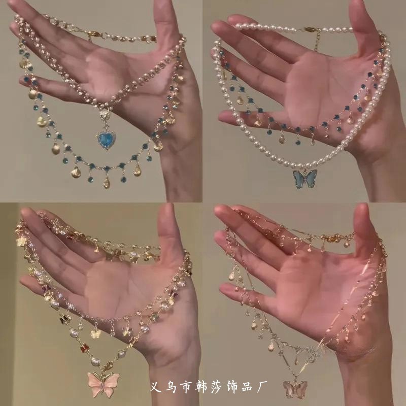 Vòng cổ đá aquamarine và zircon tua rua, thiết kế cổ điển cao cấp, phù hợp cho nữ