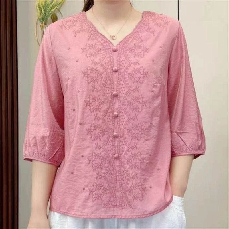 Áo sơ mi nữ phong cách Trung Quốc Retro, thêu đẹp trên cotton và vải lanh, cổ chữ V, tay rộng phù hợp mùa hè