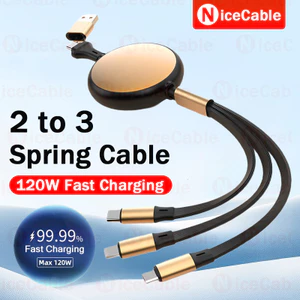 Cáp sạc điện thoại co giãn hai chiều 2 đến 3 USB / Type C Cáp sạc siêu nhanh 120W Dây dữ liệu có thể thu vào lò xo cho ios / Android