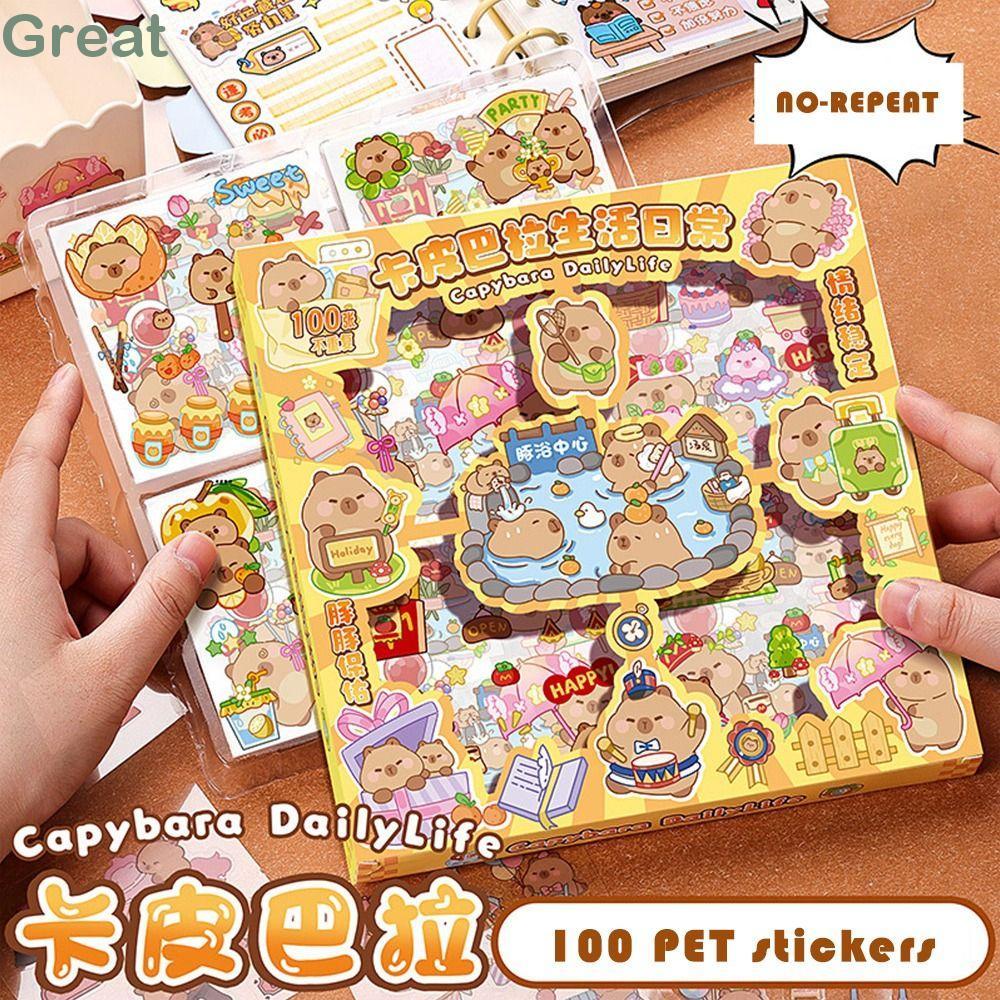 GREA 100 Tờ Nhãn Dán Động Vật Capybara, Nhãn Dán Trẻ Em Chống Thấm Nước, Hợp Thời Trang 2024 Vali Hoạt Hình Dễ Thương Decal Trẻ Em