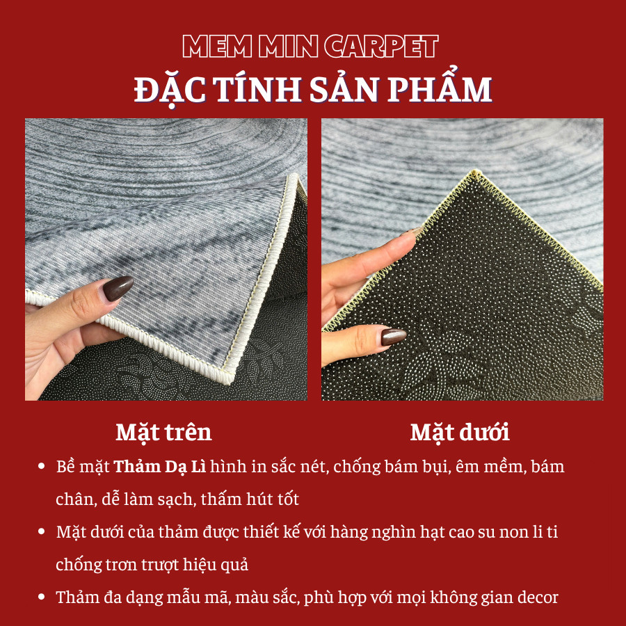 Thảm Dạ Lì,Trải Sàn Trang Trí Phòng Khách.Thảm Chụp Hình Decor, Thảm Kích Thước 2mx3m, 1m6x2m- MemminCarrpet - THB14