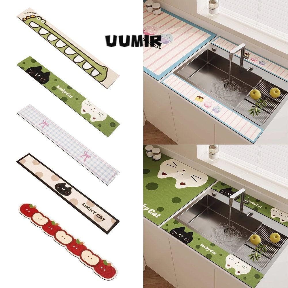 Thảm thấm bồn rửa UUMIR, Thảm thoát nước vòi chống trượt 10x60cm, thoát nước hình mèo may mắn bền bỉ Phim hoạt hình Tấm lót cà phê có thể giặt được Phòng tắm nhà bếp
