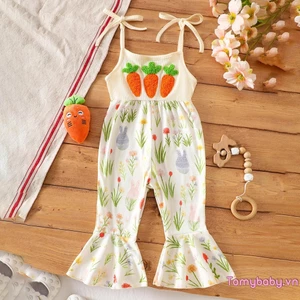 Trẻ Em Bé Gái Phục Sinh Cami Áo liền quần Không Tay Cà Rốt Thỏ Thêu loe Romper