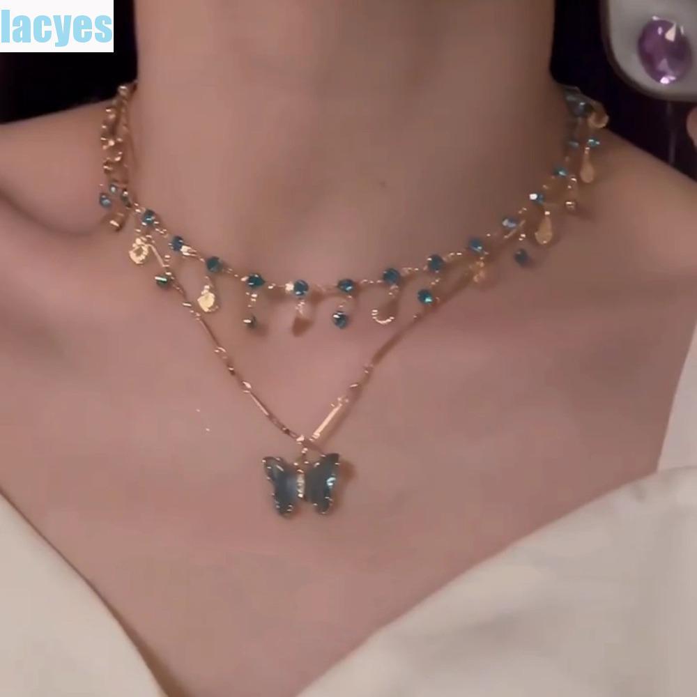 Vòng Cổ Bướm LACYES, Dây Xích Xương Đòn Tua Rua Zircon, Trang Sức Thanh Lịch Hai Lớp Kim Cương Giả Sáng Bóng Tiệc