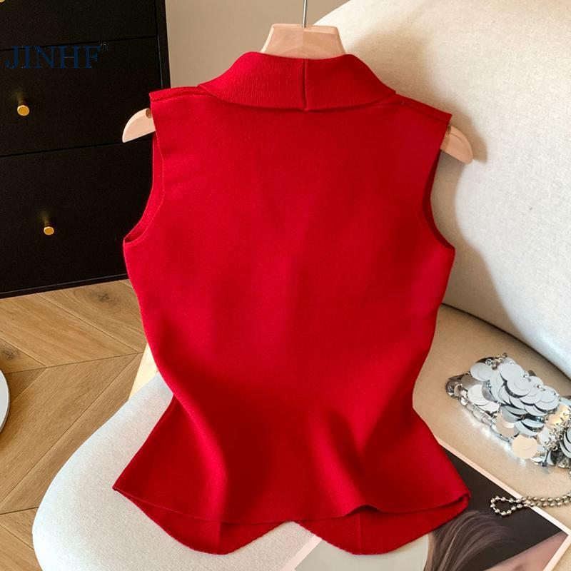 JINHF Nữ Trơn Ve Áo Không Tay Nút V-ne Sang Trọng Thường Ngày Phù Hợp Với Áo Mùa Hè HOT