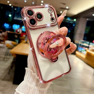 Khung Kim Cương Bảo Vệ Ống Kính Phim Xoay Ngựa Có Thể Gập Lại Đứng Mạ Ốp Lưng Điện Thoại Cho iPhone 17Promax 17pro 13 14 15 16 Pro Max Chống Sốc Nam Nữ Vỏ Di Động