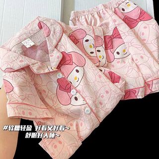 Bộ đồ ngủ cotton mây cho bé – Áo ngắn tay cài nút + quần short, họa tiết Kuromi dễ thương