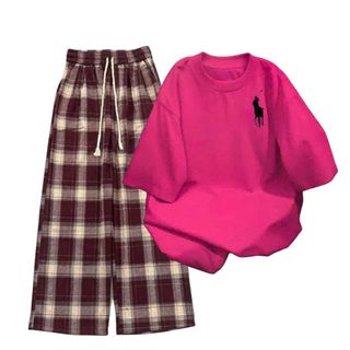 sét bộ đồ nữ Quần kẻ caro ĐỎ+ phối áo phông form unisex - in hình ngựa ở ngguc -thuba94