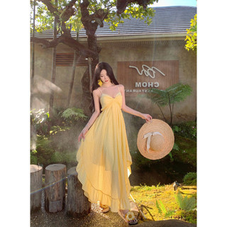 Đầm Retro Màu Vàng Lưng Sling Cho Nữ - Thích Hợp Du Lịch Và Đi Biển Mùa Hè