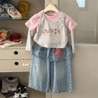 Bé Gái Phiên Bản Hàn Quốc Mickey Giả Áo Thun Hai Mảnh Thêu Quần Jean Thẳng