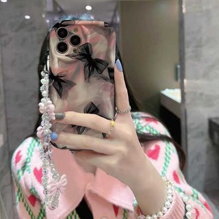 Vỏ điện thoại họa tiết nơ ren cho RENO 15 15F 14 PRO 14F 13F 12F 11F 12 11F 12 11 Pro OPPO A6 A5 PRO A40 A3X A6X Vỏ có dây chuyền ngọc trai bên sóng mềm