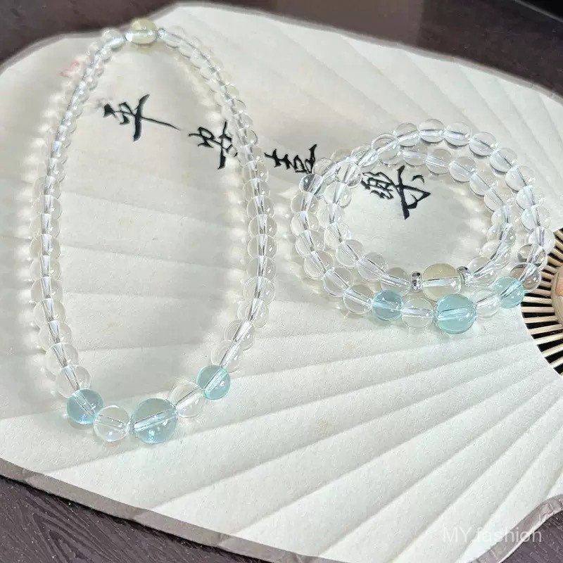 Vòng tay đính cườm thủy tinh trắng xanh Aquamarine - Thời trang hai lớp cho bạn gái, vẻ đẹp tươi mát và cổ điển