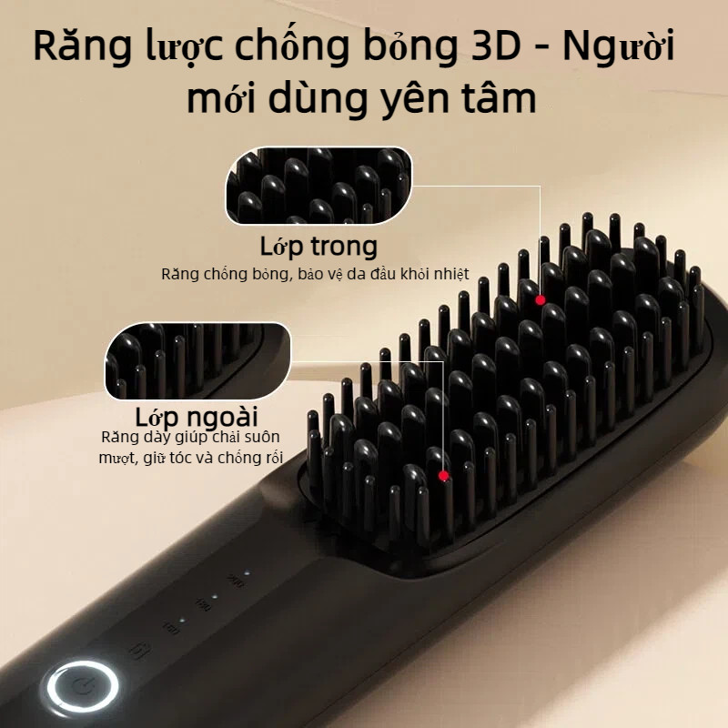 Lược duỗi tóc không dây sạc pin, 3 mức nhiệt chống rối ion âm, thiết kế cầm tay tiện lợi cho nữ