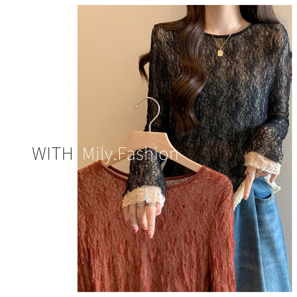 Milyfashion Rời Kích Thước Lớn Thường Ngày Độ Đàn Hồi Cao Xếp Ly Ren Đôi Áo Sơ Mi Nhỏ Thiết Kế Không Đều Đáy Áo Sơ Mi Phong Cách Mới Phối Màu Sắc Hơi Trong Suốt