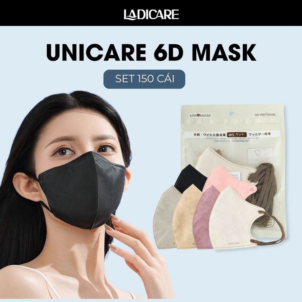 Khẩu trang 6D PRO MASK UNICARE [Thùng 150 cái] 3 lớp kháng khuẩn quai chun mềm mại không đau tai, chính hãng