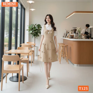 Đầm thiết kế cao cấp BEMINE cổ sơ mi giả yếm phối tweed dáng chữ A-T125