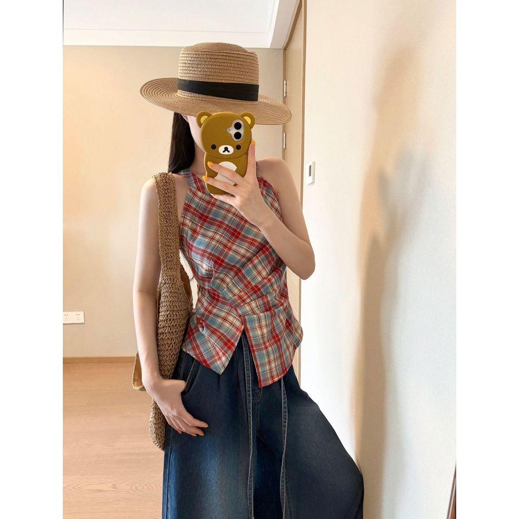 Milyfashion Y2K Top Kẻ Sọc Đỏ Cổ Dây Thắt Nút Sling Không Tay