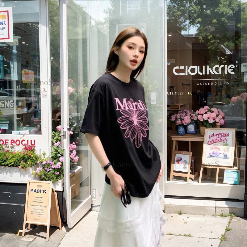 Kanos_shop | áo phông vintage, Hàn quốc dễ thương đa năng Flower print 100% cotton áo sơ mi tay ngắn