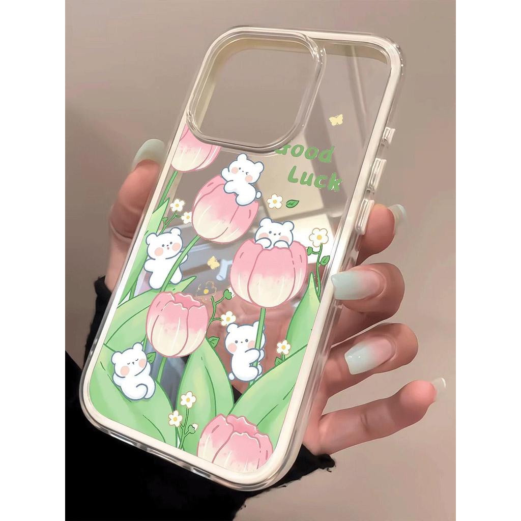 Hoa tulip thỏ hồng cho 16 trường hợp iPhone 17Air 3 trong 1 bezel 14 13 11Pro