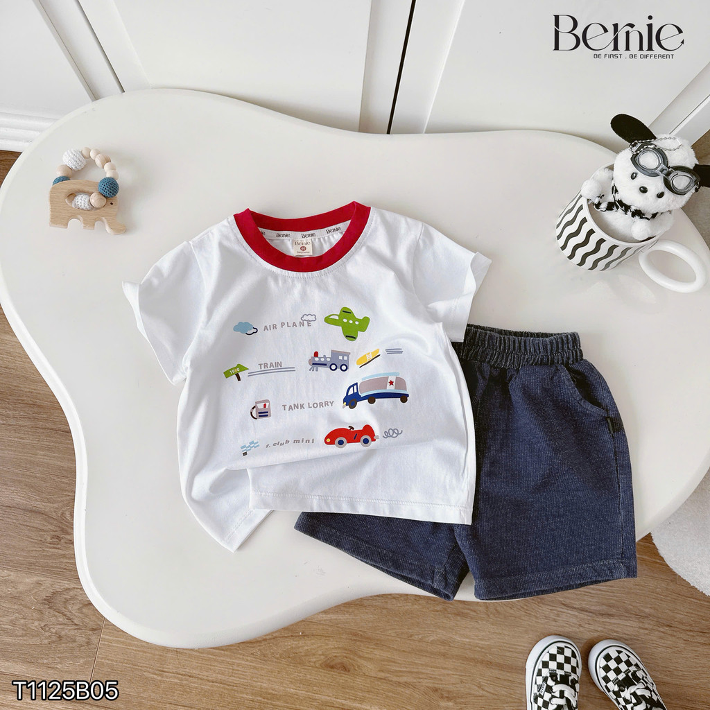 Set cộc tay Bernie in họa tiết traffic sắc màu phối quần short da cá cho bé trai 9-28kg