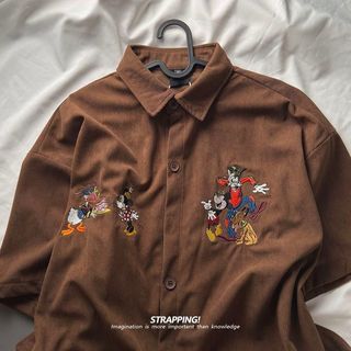 Áo sơ mi tay ngắn thiết kế hoạt hình Mickey & Donald vịt thêu dây, phong cách retro từ Nhật Bản