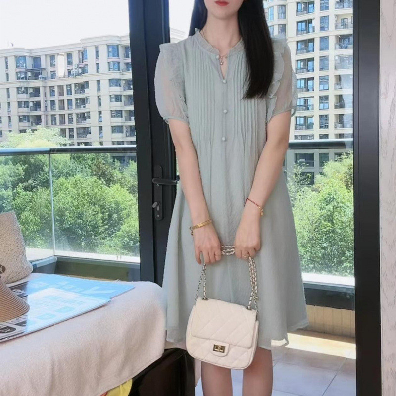 Váy hoa kiểu Pháp dành cho nữ, váy mới tay phồng, ôm eo tôn dáng.