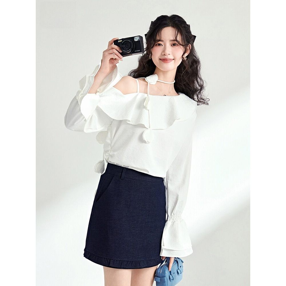 Mutu Áo Sơ Mi Off-The-Shoulder Vàng, Phong Cách Pháp, Thiết Kế Xù, Thích Hợp Mùa Xuân