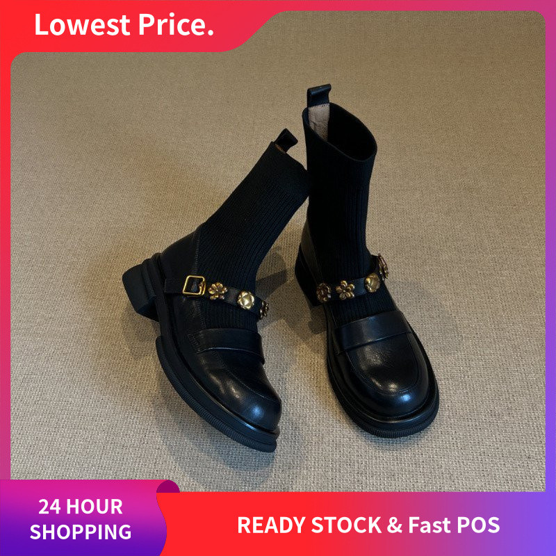 Dày Khóa Kim Loại Co Giãn Giày Bốt Ngắn Retro Phong Cách Đại Học Dệt Kim Mỏng Giày Nữ Đa Năng Loafers Tất Giày Bốt