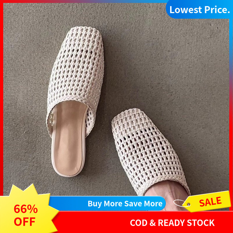2026 Phong Cách Mới Dệt Rỗng Ra ClosedToe Mules Cho Nữ Mùa Hè FlatToed Dép Thời Trang
