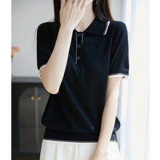 Áo sơ mi nữ dệt kim tay ngắn cổ polo, màu sắc Hàn Quốc, thoáng mát cho mùa hè