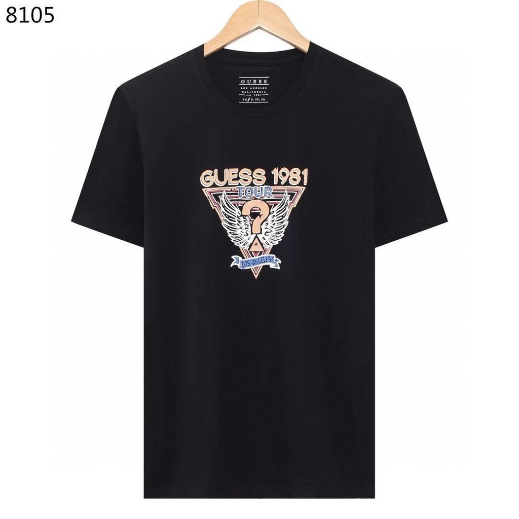 GUESS Mới Tay Ngắn 100% Cotton Cao Cấp Đơn Giản Ngược Tam Giác In Hình Áo Thun Thường Ngày