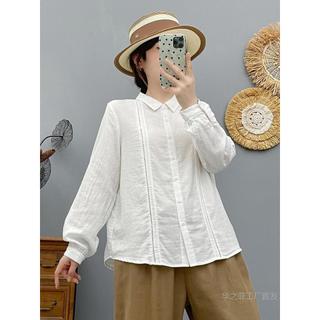 Áo sơ mi nữ cotton chất lượng cao, phong cách retro văn học với thiết kế cổ vuông, tay dài, nhẹ nhàng phù hợp mùa thu và mặc thường ngày