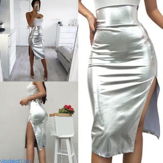 Vipdeal1 Kim Loại Giả Da Co Giãn Váy Midi Có Bên Chia Cho Nữ Thời Trang Thắt Lưng Sáng Bodycon Pencil S
