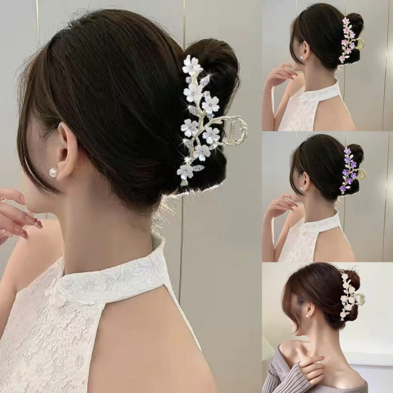 Kẹp tóc hoa hồng nhung lá sen lớn, tua rua, phụ kiện cho nữ