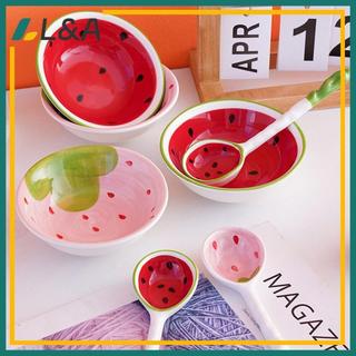 L & A Bát gốm hình dưa hấu kèm thìa, dùng cho ngũ cốc, ramen, canh, hoa văn trái cây