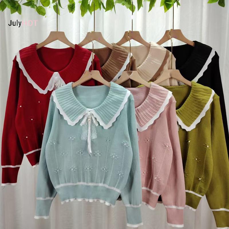 Áo len Hàn Quốc dành cho nữ với nơ ngọt ngào cổ búp bê và đính hạt
