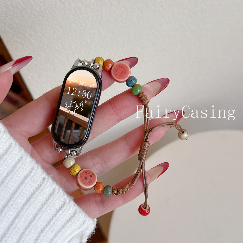 Dây Đeo Dệt Hạt Gốm Cho Xiaomi Band 10 9 8 NFC Thay Thế Tay Dệt Vòng Tay Cho Miband 10pro 9 8 pro Dây Đeo Tay